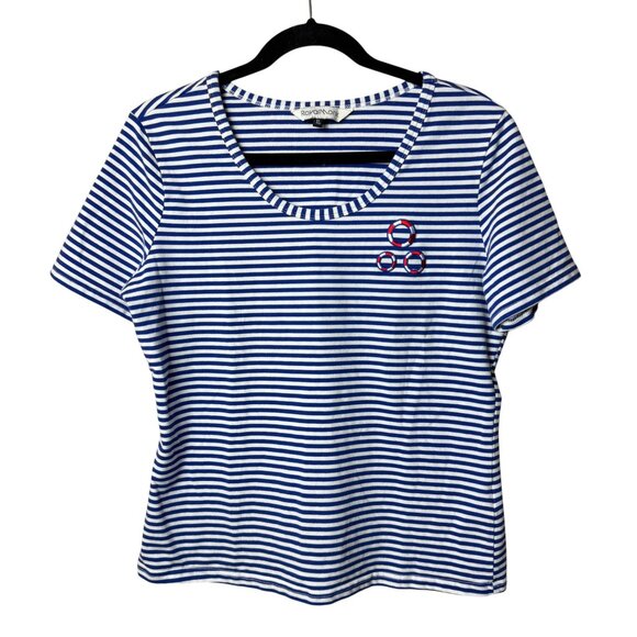 Royal Monk Vintage Blue & White Striped T-Shirt with Embroidered Life Preservers - Picture 1 of 8